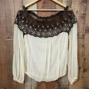 Ryu Collection Blouse Cream & Brown Lace Off the Shoulder Top Women’s Sz L NWT